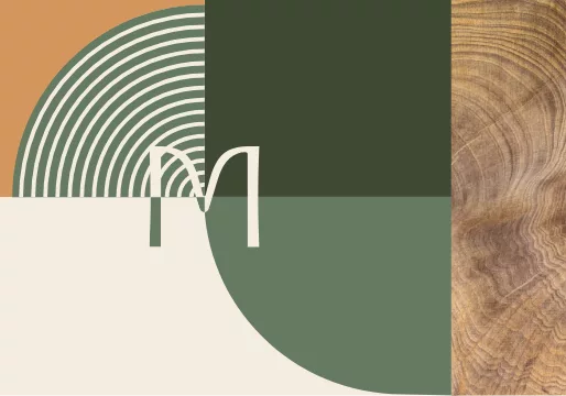 An abstract composition with geometric shapes, including wood texture, stripes, and a stylized “M” on a green, orange, and beige palette.