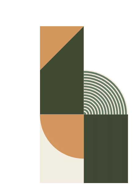 An abstract design with green, beige, and orange geometric shapes, including a semicircle, stripes, and triangles.