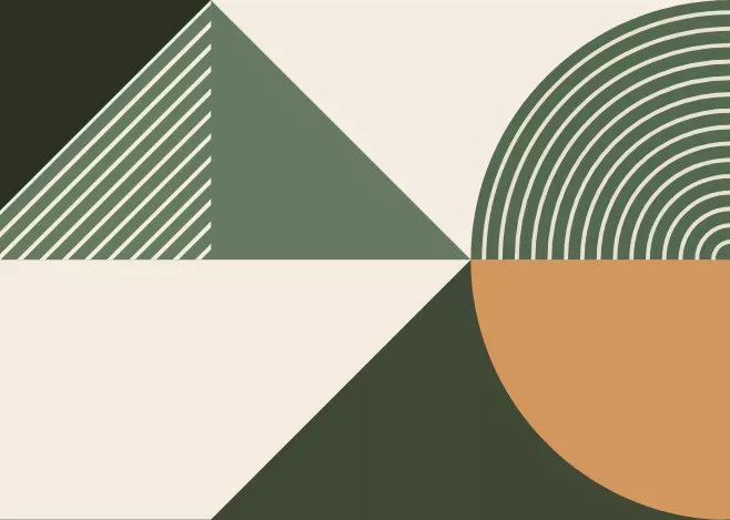 An abstract geometric design featuring triangles, a semicircle, and striped patterns in green, beige, and orange on a dark green background.