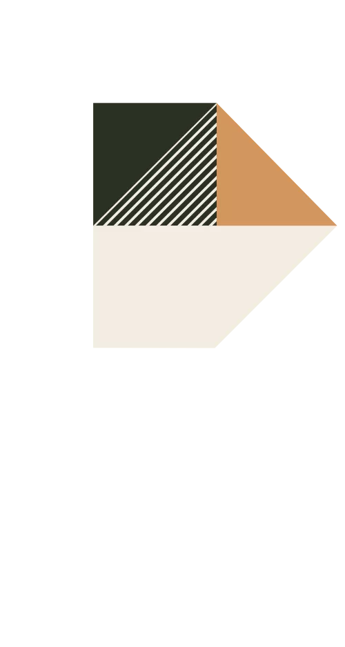 An abstract geometric design with green, beige, and orange triangles and stripes.