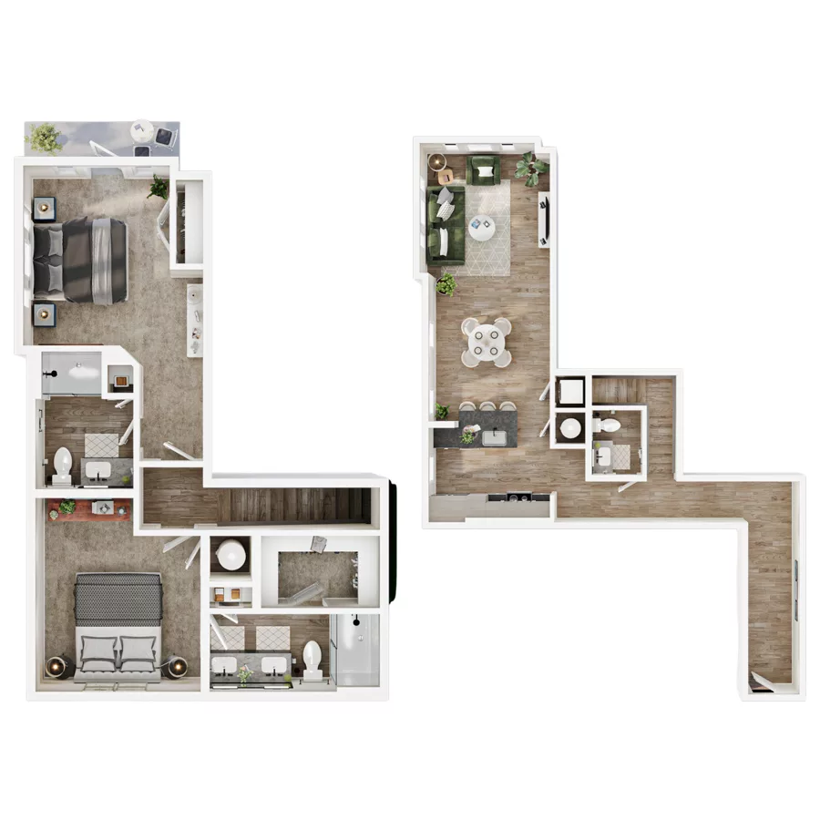 Modern two-bedroom loft floor plan with open kitchen, living area, two bathrooms, and hallway layout